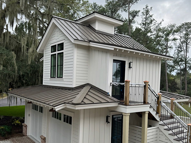 Garage exterior showcasing roofing siding and trim materials
